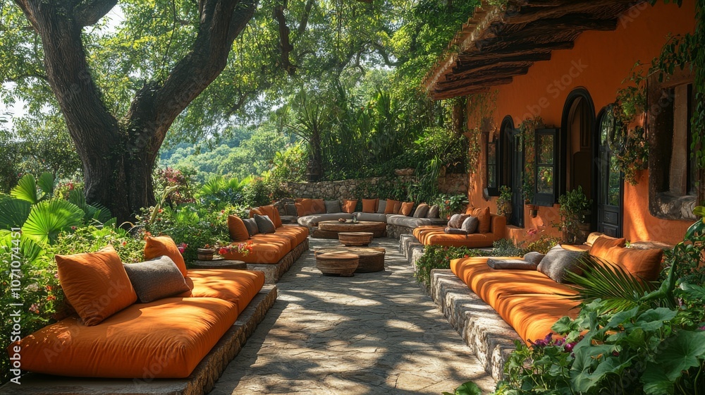 Poster a tranquil outdoor space features comfortable orange cushions arranged around wooden tables surround