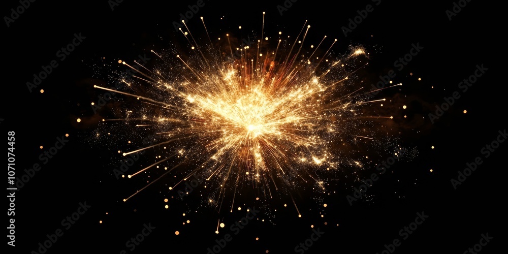 Poster a large firework explosion in gold and red with dust particles and glittering sparks, against a blac