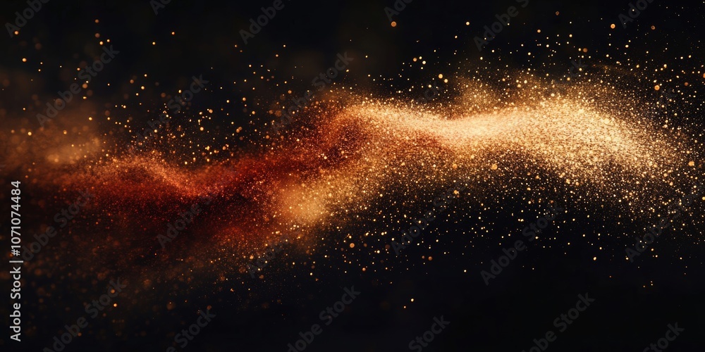 Poster a large firework explosion in gold and red with dust particles and glittering sparks, against a blac