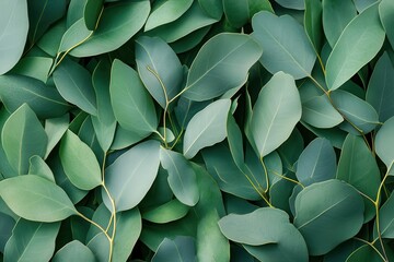 Obraz premium Eucalyptus themed backdrop featuring leaves and oil for cosmetic and medicinal use