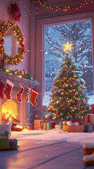 warm and festive Christmas scene featuring beautifully decorated tree, glowing fireplace, and colorful stockings. Snow gently falls outside, creating cozy atmosphere