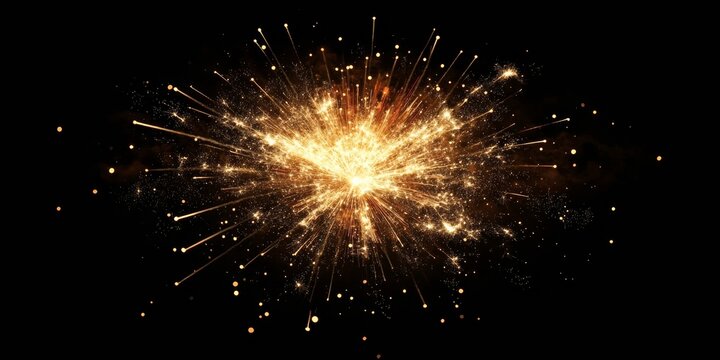 A large firework explosion in gold and red with dust particles and glittering sparks, against a black background with a hint of bokeh effect