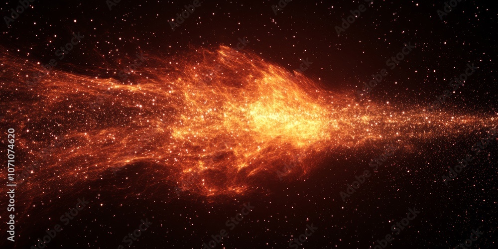 Poster a large, radiant firework explosion with trailing sparkles in red and gold, set against a deep night
