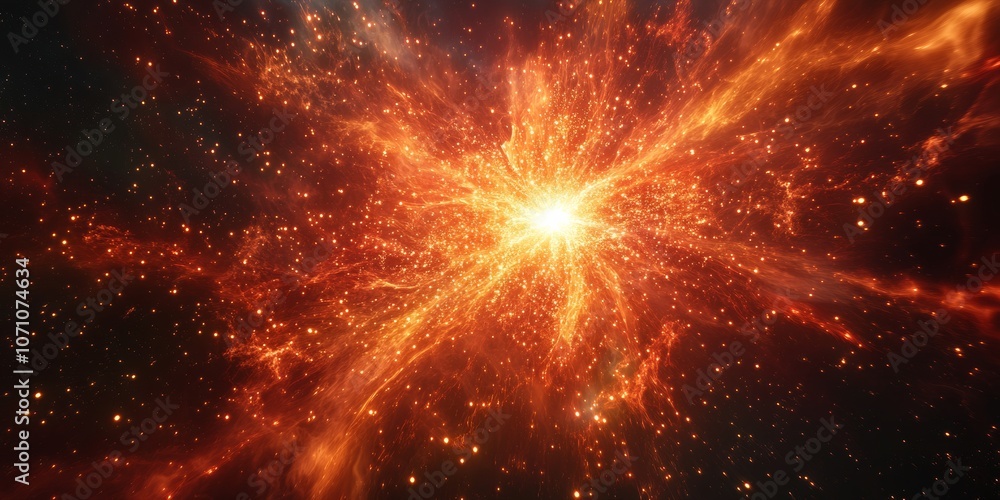 Poster a large, radiant firework explosion with trailing sparkles in red and gold, set against a deep night