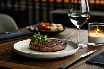 Fine dining setting with steak and fish featuring white wine candles and a wooden table ambiance