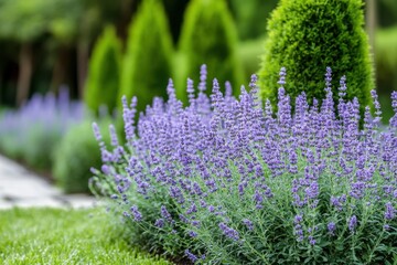 Obraz premium Flowering Russian Sage and pruned topiary in the garden