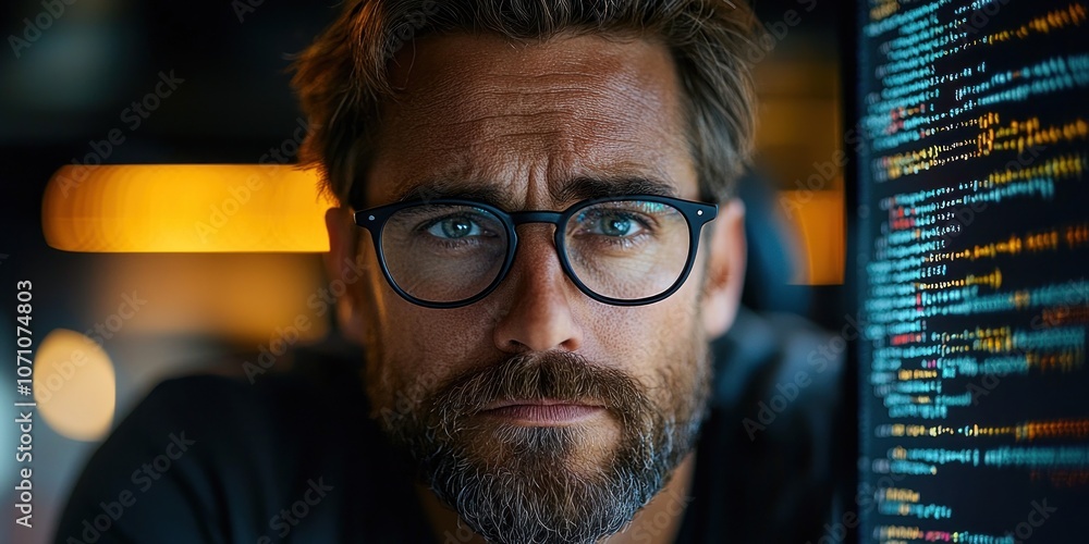 Poster Close-up of a Man's Face Focused on a Computer Screen with Code Displayed