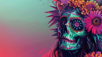 Obraz premium A Colorful Skull with Floral Accents