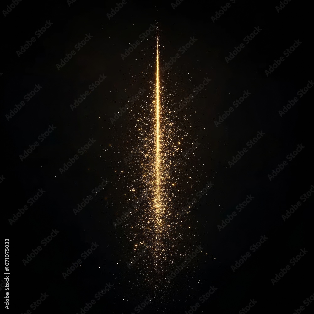 Poster a minimal, single firework rocket with a burst of bright, golden sparks, isolated on a deep black ba