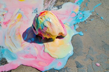 An artistic shot of melting ice cream on a hot pavement, with vibrant colors mixing together. 