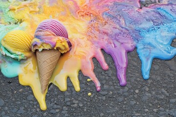 An artistic shot of melting ice cream on a hot pavement, with vibrant colors mixing together. 