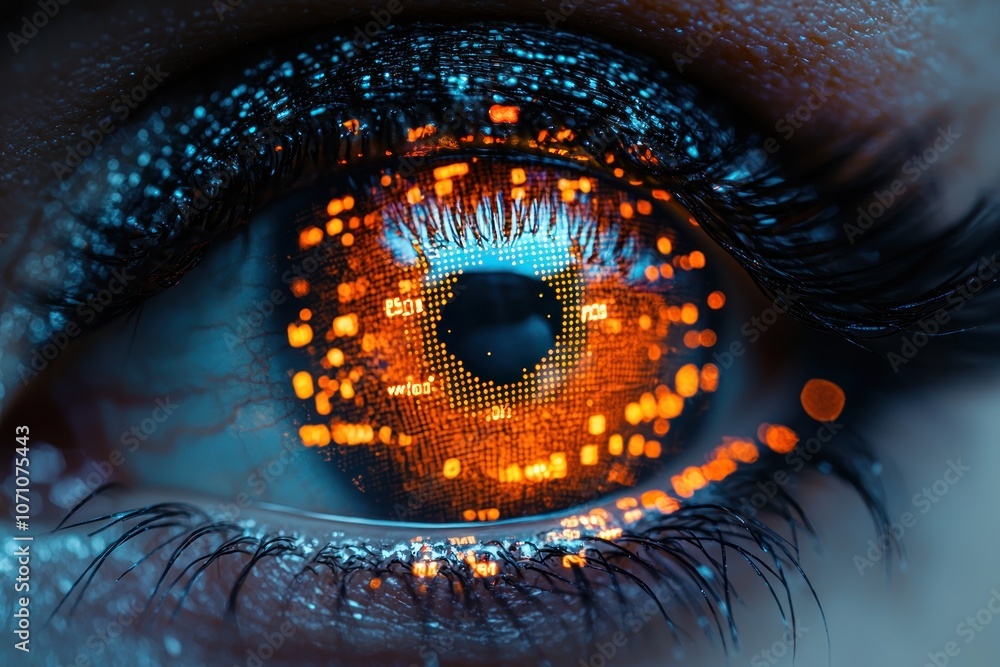 Poster close-up of an eye with glowing digital pattern