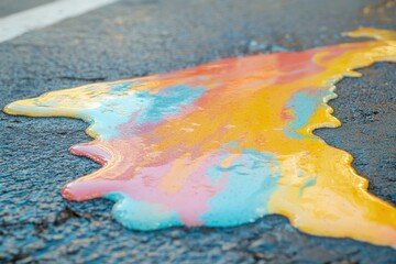 An artistic shot of melting ice cream on a hot pavement, with vibrant colors mixing together. 