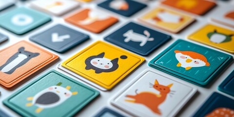 Colorful Memory Game Tiles Featuring Cute Animal Illustrations, Arranged Carefully on a Flat Surface, Perfect for Family Fun and Skill Development