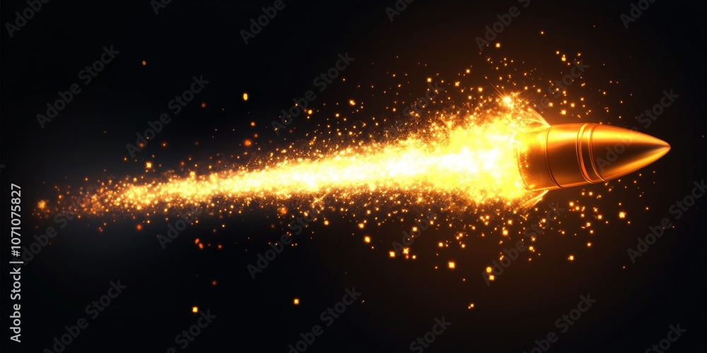 Poster a single, glowing firework rocket with trailing particles and bright golden sparks, isolated on a da