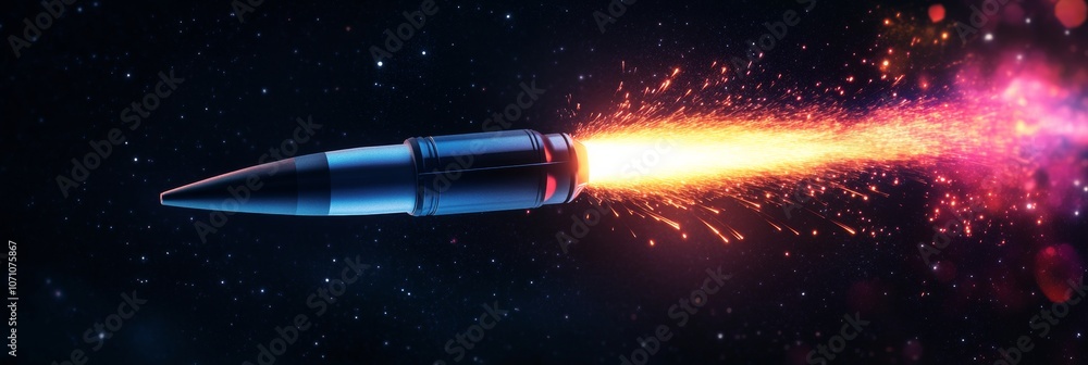 Poster a single, isolated firework rocket mid-burst with colorful sparkles, glowing against a dark sky with