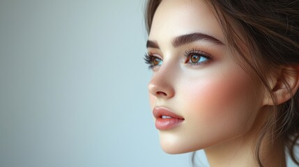 Naklejka premium Close-up Portrait of a Young Woman with Brown Eyes and Long Dark Hair