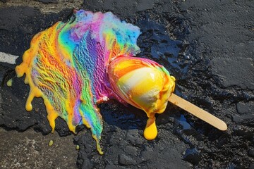 An artistic shot of melting ice cream on a hot pavement, with vibrant colors mixing together. 
