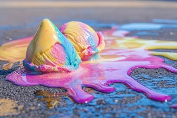 An artistic shot of melting ice cream on a hot pavement, with vibrant colors mixing together. 