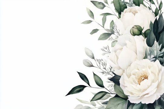 Hand painted corner border of white flowers featuring creamy peonies ivory roses and sage green foliage for wedding invitations