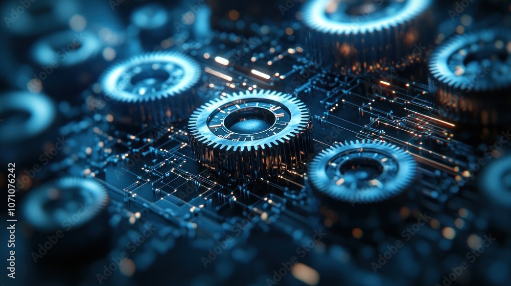 Poster close-up of metallic gears on a circuit board