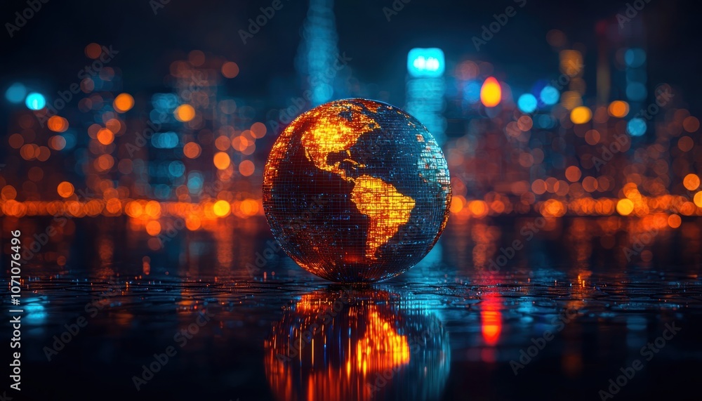 Poster a glowing digital globe resting on a reflective surface in front of a cityscape at night