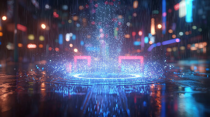 Fototapeta premium Water splash with vibrant neon lights reflecting on wet streets at night in a futuristic cityscape