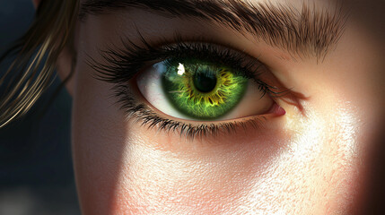 Fototapeta premium Detailed close-up of a green eye with rich texture and vibrant color, illuminated by natural light