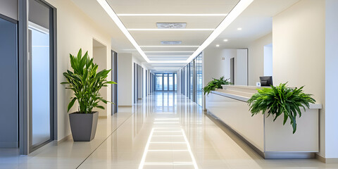 Bright, modern hallway with a reception desk and greenery, creating a welcoming professional space . illustration