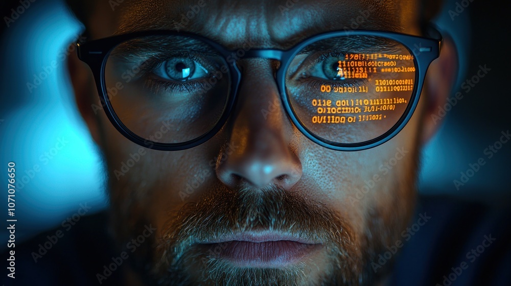 Poster A Man's Eye Reflecting Binary Code Through Glasses