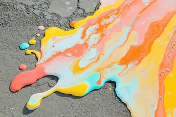 An artistic shot of melting ice cream on a hot pavement, with vibrant colors mixing together. 