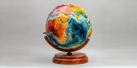 Colorful globe with continents and oceans on a wooden base, symbolizing global awareness . illustration