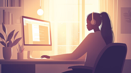 A girl works remotely on the computer at home, book illustration