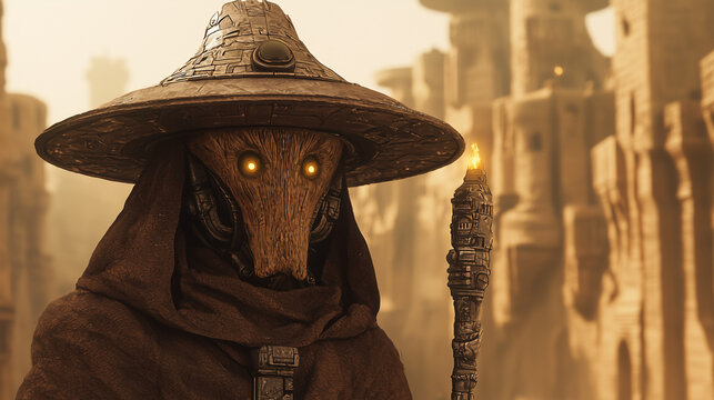 A robotic figure dressed as a wizard with glowing eyes and a staff, set against a desert city backdrop