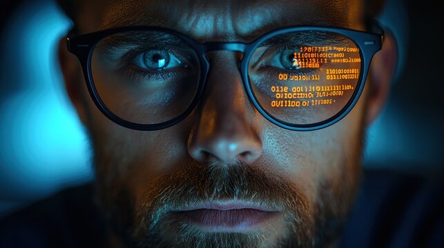 A Man's Eye Reflecting Binary Code Through Glasses