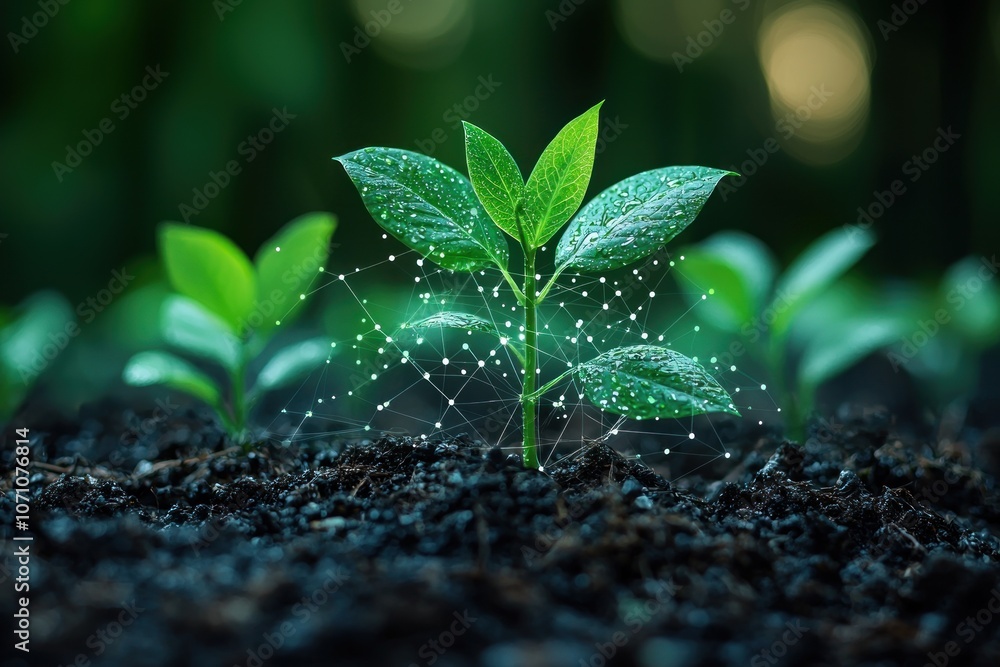 Poster a young plant sprouting in soil with a network of connected dots