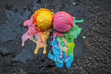 An artistic shot of melting ice cream on a hot pavement, with vibrant colors mixing together. 