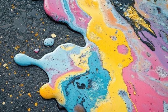 An artistic shot of melting ice cream on a hot pavement, with vibrant colors mixing together. 