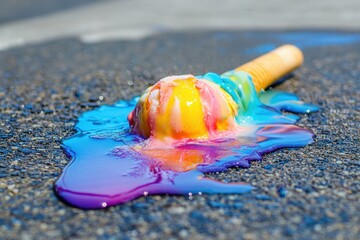 An artistic shot of melting ice cream on a hot pavement, with vibrant colors mixing together. 