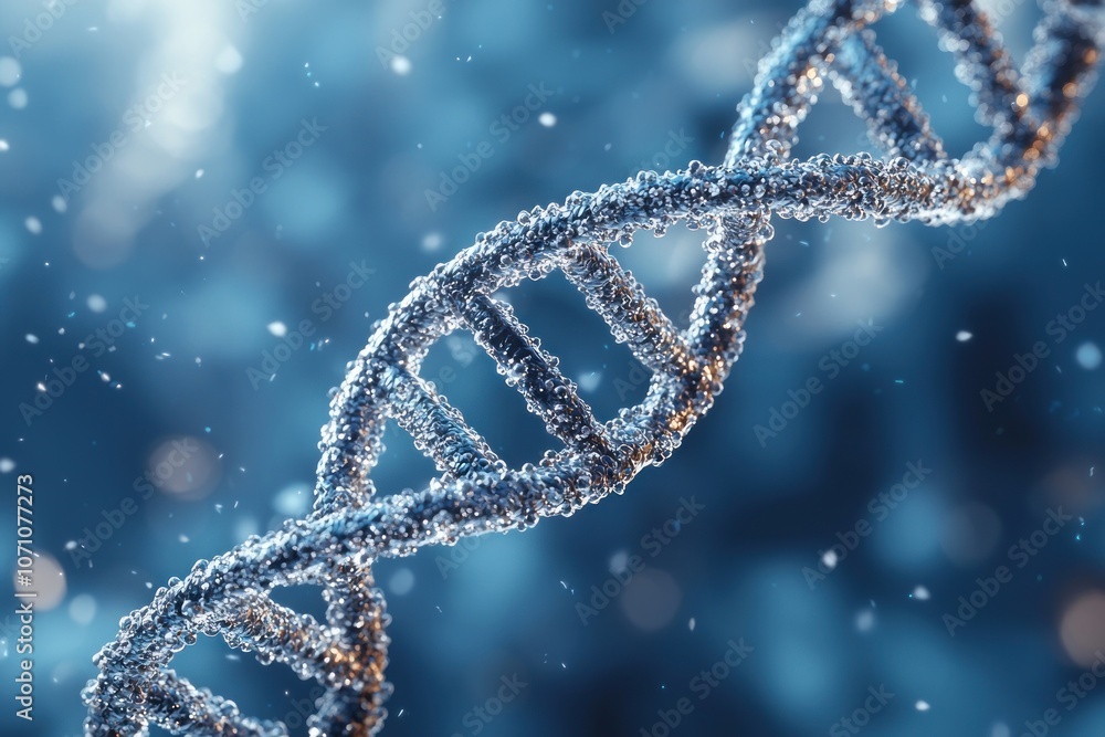 Poster close-up of a shiny silver dna double helix with blue background and blurred lights