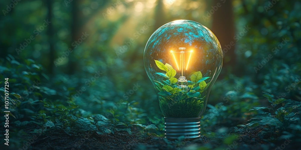 Aufkleber light bulb filled with green plants in a forest setting