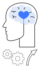 Side profile of human head with a blue heart inside the brain area, two gears and upward arrow. Ideal for mental health, emotional intelligence, self-improvement, psychology, cognitive development