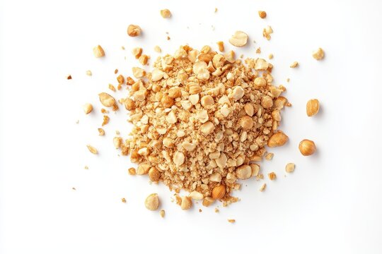 Isolated pile of crushed hazelnuts on a white background