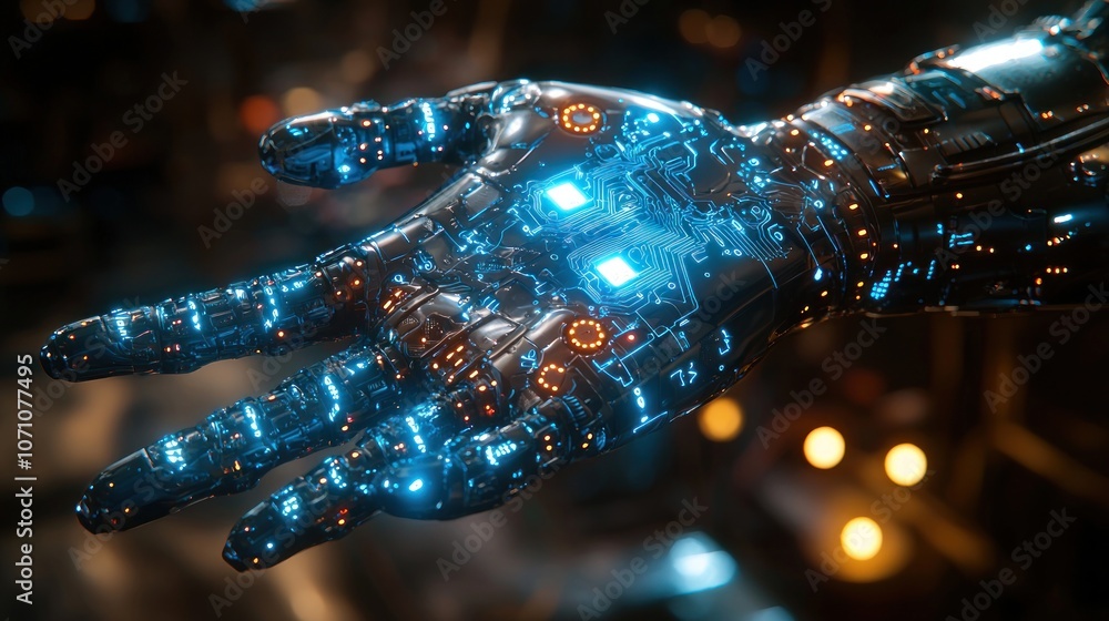 Poster Close-up of a Metallic Robot Hand with Glowing Circuitry