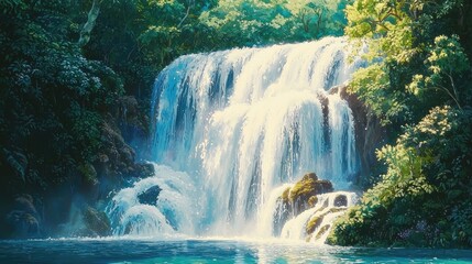 Fototapeta premium A majestic waterfall cascades down moss-covered rocks into a tranquil pool of water, surrounded by lush greenery.