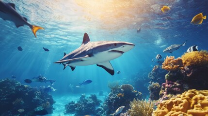 Fototapeta premium Shark underwater blue ocean close up with visible reefs and corals underwater, exotic ocean underwater with fish and shark 