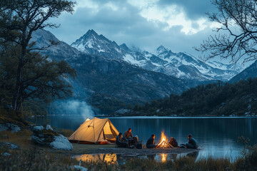Friends enjoying a lakeside camping trip while setting up a tent and lighting a campfire in the evening