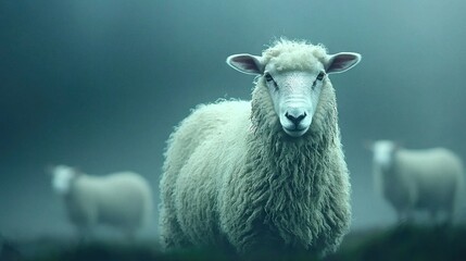 Fototapeta premium A flock of sheep grazing in a verdant pasture during a hazy morning