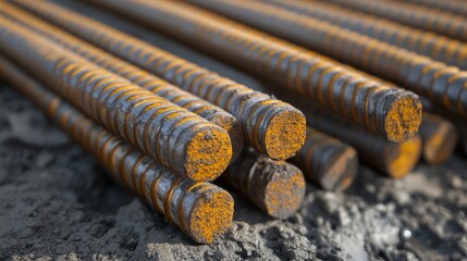 Close shot of metal reinforcing bars with space for text or inscriptions
