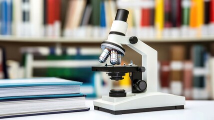 A microscope sits on a table in front of a stack of books with a bookshelf in the background.